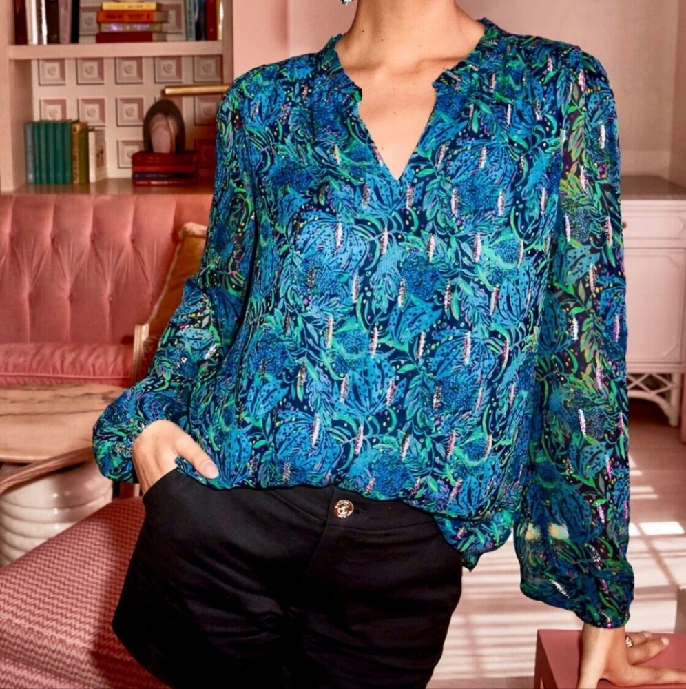 Lilly Pulitzer "Giana" Top Lil Catty Purrsonality Size L